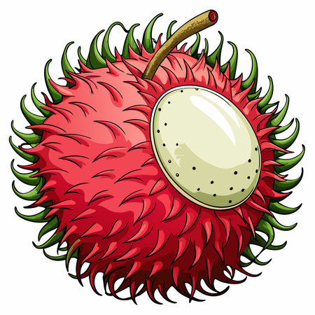 Spiky red fruit with white flesh and a stem, illustratedのイラスト素材
