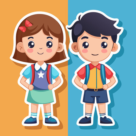 Cartoon kids, boy and girl, ready for school with backpacks on a split backgroundのイラスト素材