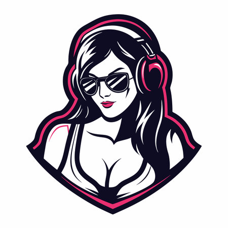 Woman with headphones and sunglasses. Gaming mascot with a stylized emblem for logo useのイラスト素材
