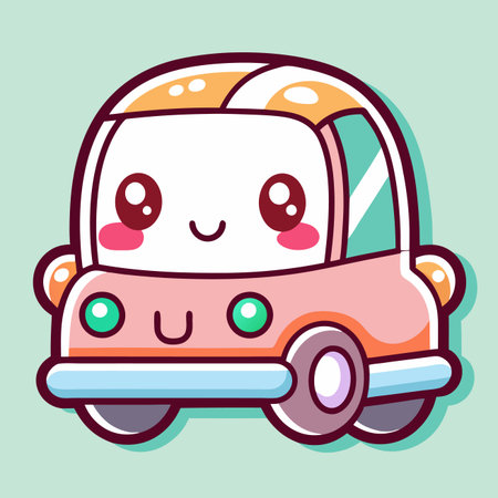 Cute, cartoon car with a smiling face and big eyes, light pink and light blue details on light green backgroundのイラスト素材