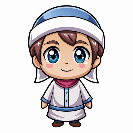 Cute cartoon character in traditional attire, smiling, and wide eyesのイラスト素材