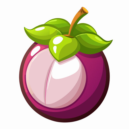 Cut mangosteen showing white segments, surrounded by a purple rind, topped with green leavesのイラスト素材