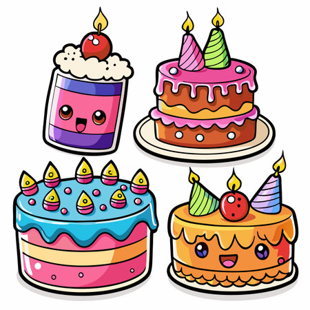 Cute cartoon cake collection with candles, party hats, smiling faces and varied toppingsのイラスト素材