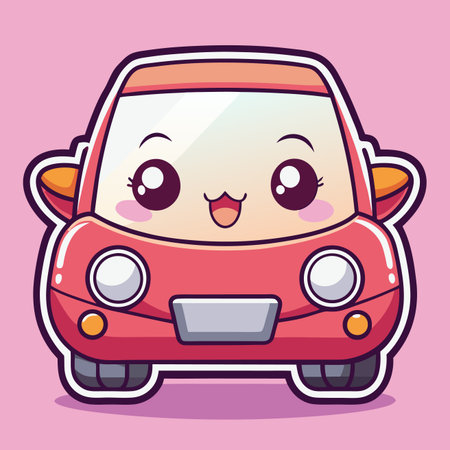 Cute cartoon car with big eyes and smiling face on a pink backgroundのイラスト素材