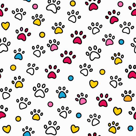 Pattern of colorful animal paw prints, hearts, and dots on a white background. Cute and playfulのイラスト素材