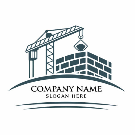 Construction logo with crane building brick wall; clean designのイラスト素材