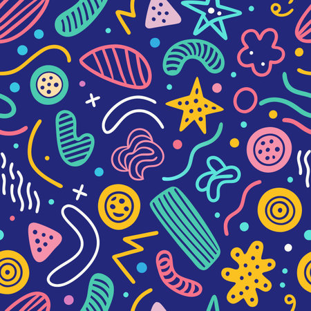 Playful geometric pattern on a dark blue background with colorful shapes and lines, creating a...