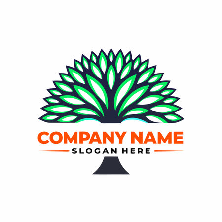 Symmetrical tree design with rounded leaves, black trunk, and stylized appearance on a white backgroundのイラスト素材