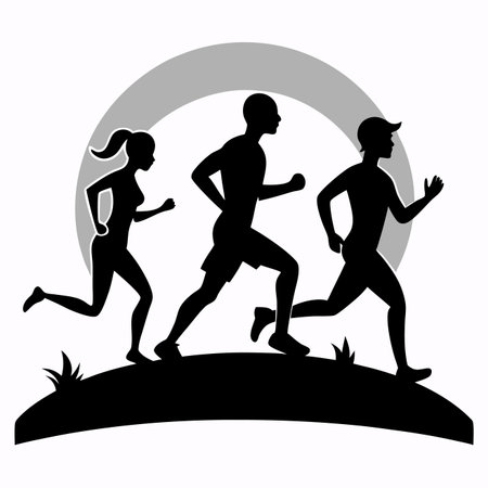 People running. Three silhouettes. Grass hill and circular background. Black and whiteのイラスト素材