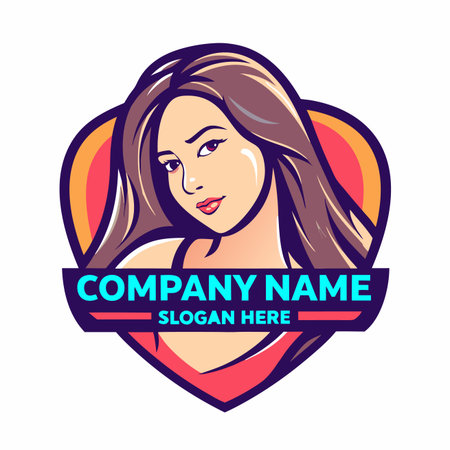 Cartoon-style woman portrait in heart shape. Purple, red, and orange colorsのイラスト素材