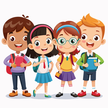 Students ready. Diverse group with backpacks, books, and smilesのイラスト素材
