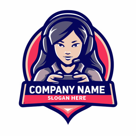 Female gamer mascot with headset holding a controller over a shield-shaped badge with room for textのイラスト素材