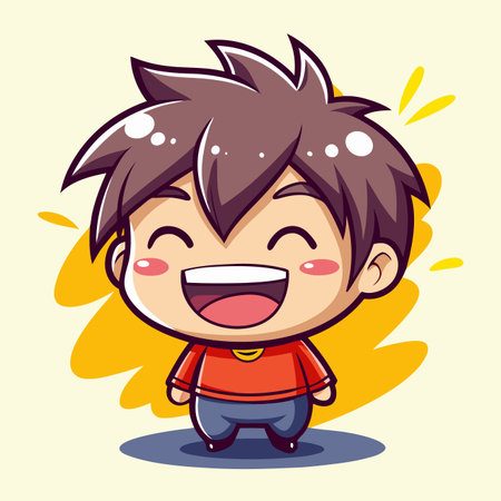 Happy cartoon boy with brown hair, red shirt, and blue pants, smiling brightly on cream background