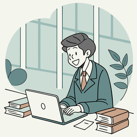 Cartoon man working at desk with laptop, books, indoors, smiling in illustrationのイラスト素材