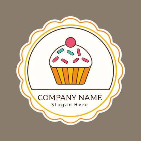 Cupcake illustration in a scalloped circle. Cake has sprinkles, cherry. Cream background