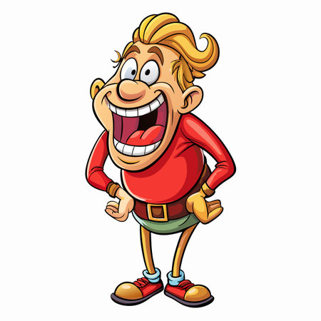 Cartoon man smiling, wearing red shirt and green pants, cartoon style characterのイラスト素材