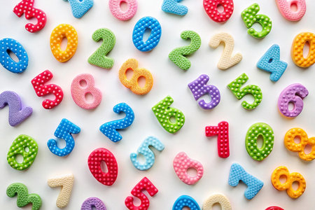 Colorful number toys scattered on white background, education concept (1)の素材