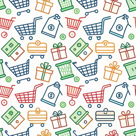 Colorful shopping cart, gift, and money seamless patternの素材