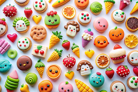 Colorful clay food art; flatlay; white background; dessert; bakingの素材