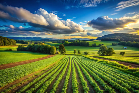 Sunset over rolling farmland, green fields, hills, idyllic rural landscape, agricultureの素材