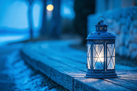 Lit lantern on boardwalk at twilight, snowy background, winter ambiance, ideal for holiday cardsの素材