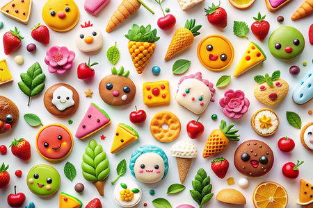 Colorful clay food flatlay; fruits, sweets, backgroundの素材