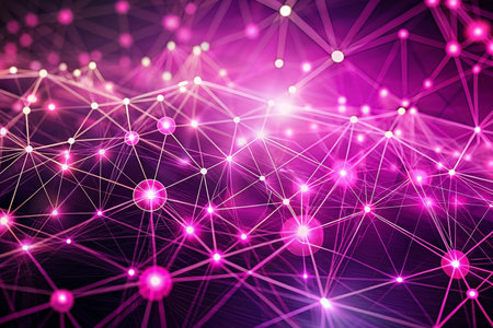 Pink network connection digital landscape; glowing nodes, abstract background, tech presentationの素材