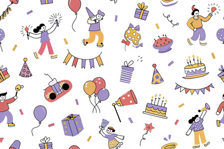 Seamless pattern of happy people celebrating a birthday with cake, gifts, balloons, and party favors.の素材