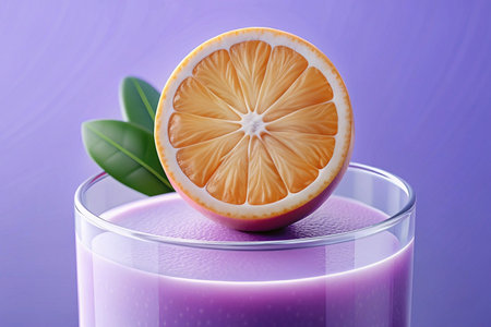 Close-up of a vibrant purple smoothie topped with a juicy orange slice and green leaves.の素材