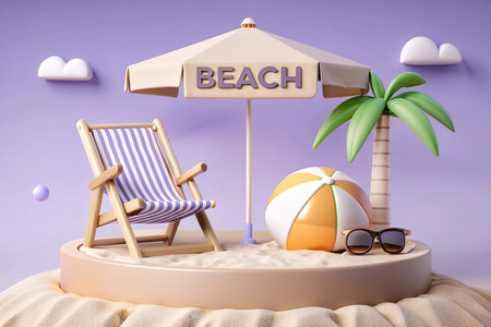 Idyllic beach scene  beach chair, umbrella, ball, sunglasses, palm tree on a sandy island.の素材