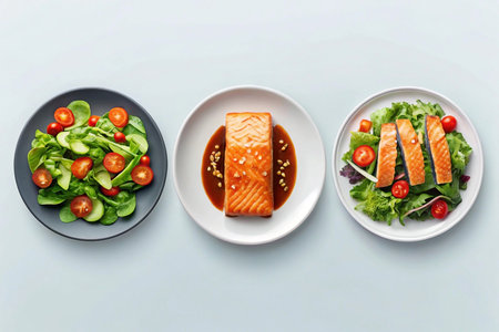 Healthy meal prep pan-seared salmon with fresh salad.の素材