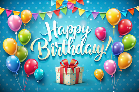 Festive birthday card design with colorful balloons, gift, and bunting.の素材