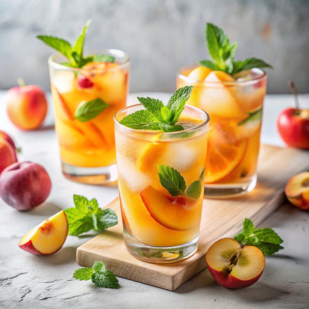 Refreshing peach and apple iced tea with mint in glasses on wooden board.の素材