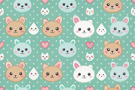 Cute animal faces pattern, pastel background, hearts, drops; kids' fabricの素材