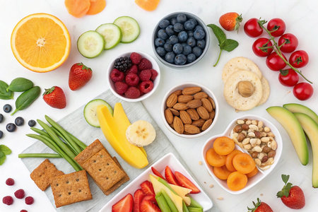 Healthy baby food platter fruits, veggies, nuts. Background white marble. Use cookbook, blogの素材
