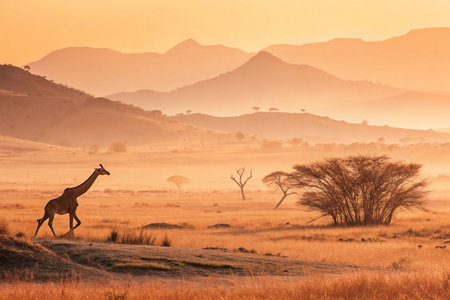 Giraffe walking savanna sunrise, mountains background. Travel posterの素材
