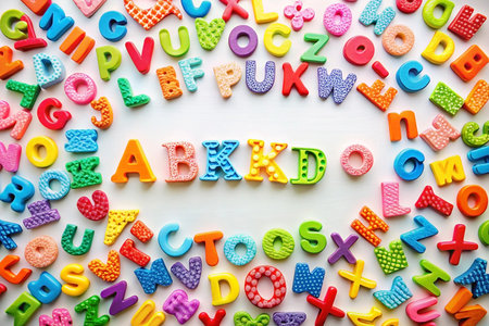 Colorful letters spelling words on white background; alphabet learningの素材