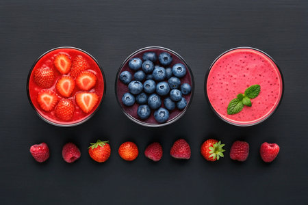Three berry smoothie bowls strawberry, blueberry, mixed berry.の素材