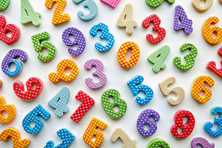 Colorful foam numbers scattered on white background, math education, learningの素材