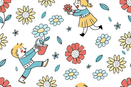 Happy children playing with flowers seamless pattern.の素材