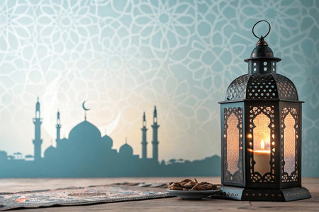 Ramadan lantern, dates, prayer mat, mosque backdropの素材