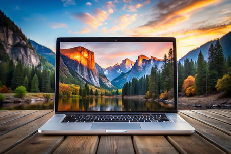 Yosemite sunrise on laptop screen, outdoors, wooden dock, autumnの素材