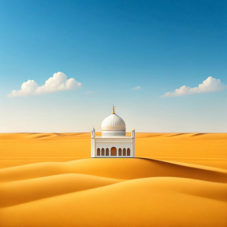 Desert Mosque Serenity Sunlit sandscape, solitary white mosque, clear sky, religious peaceの素材