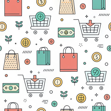 Shopping cart, bags, coins, seamless pattern, e-commerce, websiteの素材