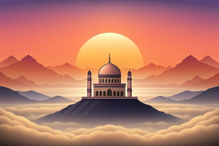 Majestic mosque atop a misty mountain peak at sunset.の素材