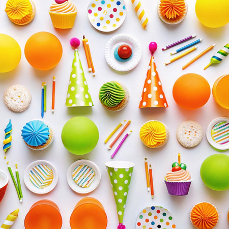 Colorful birthday party supplies flat lay.の素材