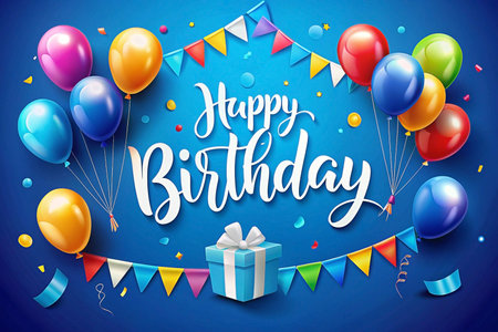 Colorful balloons, gift, and confetti celebrate a happy birthday on a blue background.の素材