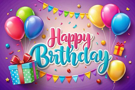 Colorful Happy Birthday greeting card with balloons, gifts, and confetti. (2)の素材