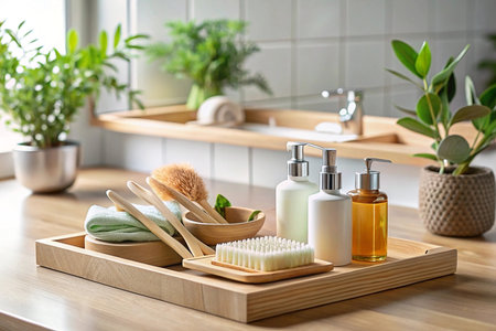 Spa bathroom essentials on wooden tray.の素材