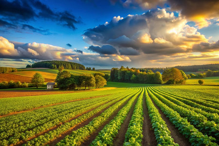 Sunset farmland rows, hills, cottage, cloudscape, agricultureの素材